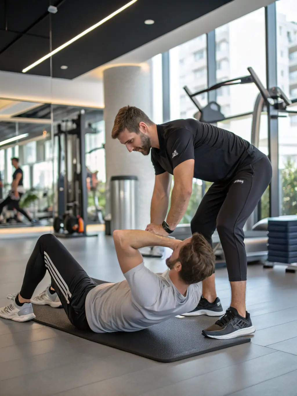 A high-resolution image of a personal trainer guiding a client through a workout using state-of-the-art equipment in a private gym setting. The focus is on personalized attention and proper form.