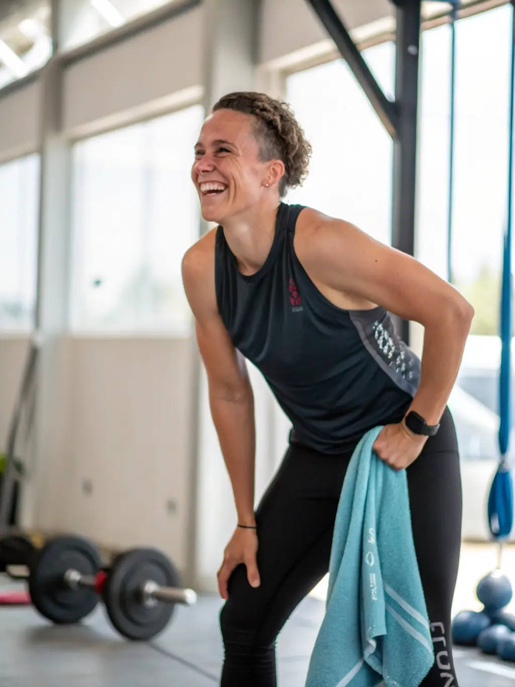 A photo of a happy client smiling and giving a thumbs up after a workout session, showcasing the positive results and satisfaction at LT Fitness.